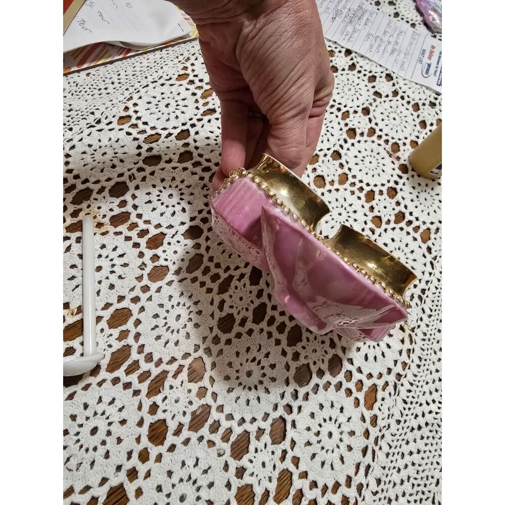 Antique Pink Gold Condiment Set Porcelain w Porcelain Spoon and Shell Rest